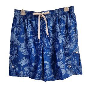 OP Men Size LG 36-38 Swimsuit Blue White Tropical Palm Leaves Print Pockets EUC